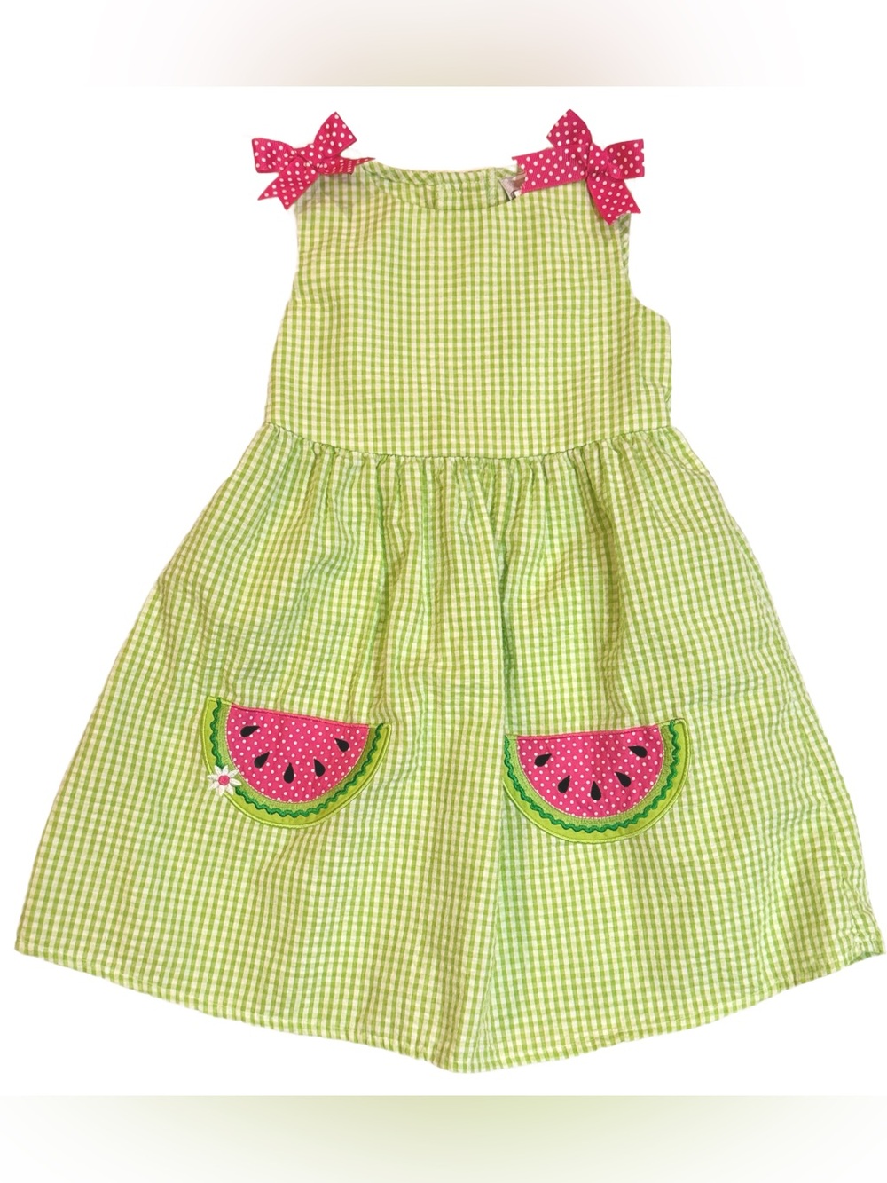 Rare Editions Watermelon Seersucker Dress Girls Size 4T Green Gingham Summer